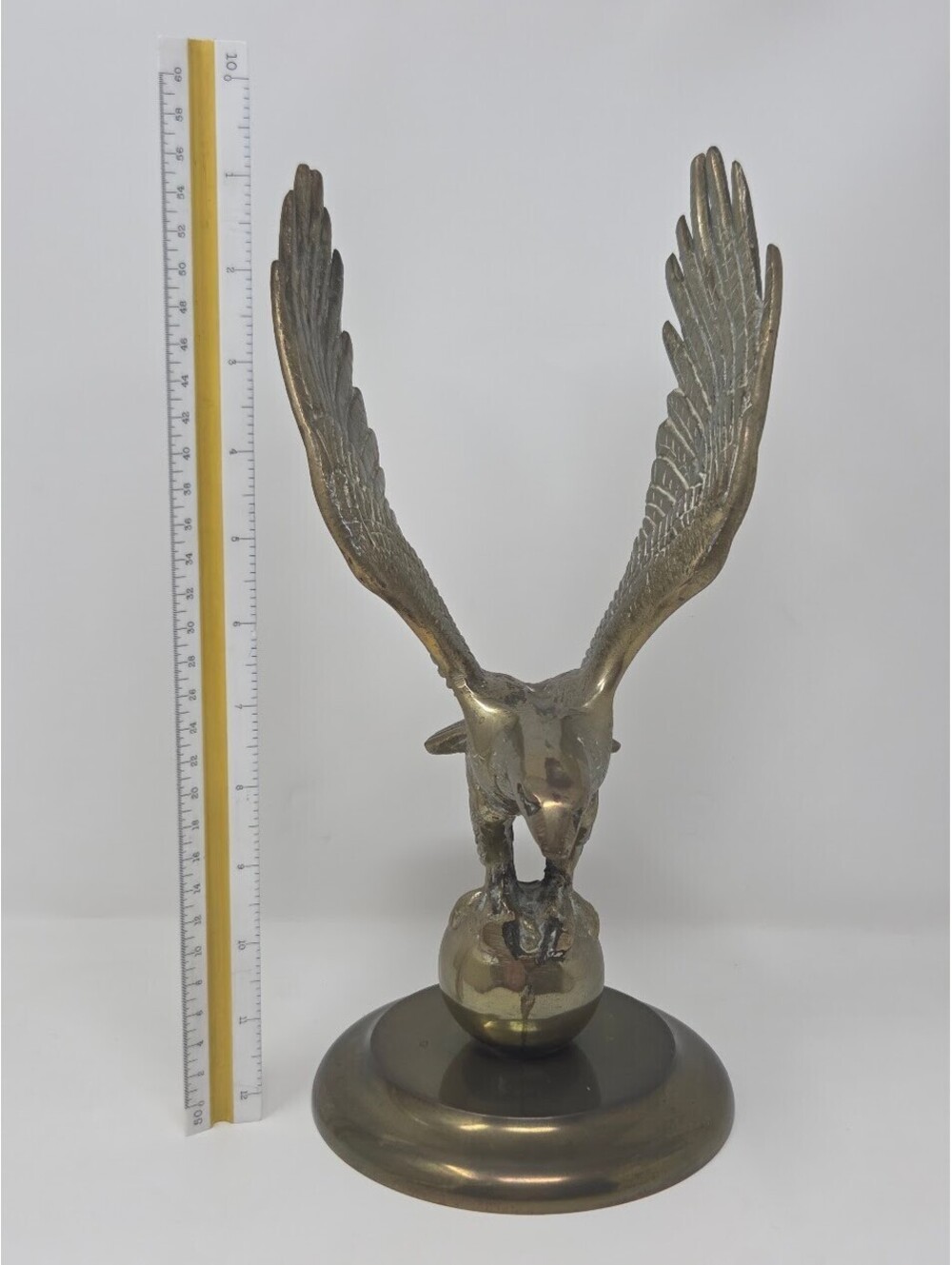 Brass Eagle Figurine 12 Inch Tall Spread Wings Bird Sculpture Round Base